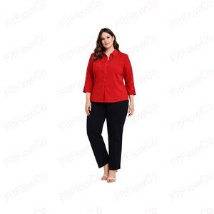 Classic Elements Red Blouse Size 12 Copper Tone Shank Button 3/4 Sleeve Stretch